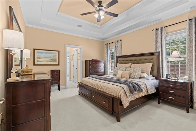 110 Red Maple Cir, Easley, SC 29642 - bedroom with a raised ceiling, light carpet, crown molding, multiple windows, and a ceiling fan