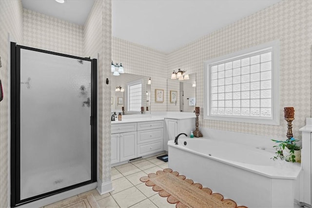 110 Red Maple Cir, Easley, SC 29642 - full bathroom with wallpapered walls, a stall shower, vanity, a bath, and tile patterned floors