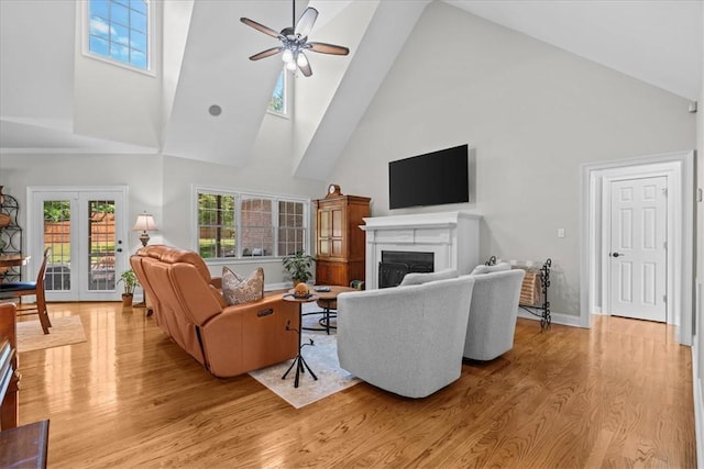 110 Red Maple Cir, Easley, SC 29642 - living area with high vaulted ceiling, a ceiling fan, a fireplace, light wood-style floors, and a skylight