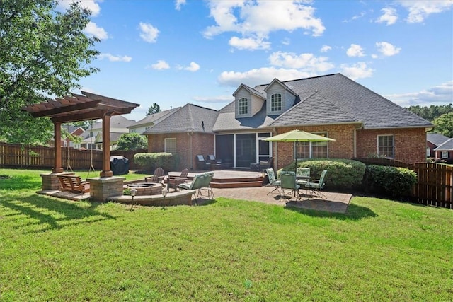 110 Red Maple Cir, Easley, SC 29642 - rear view of property with an outdoor fire pit, a patio, brick siding, a pergola, and a shingled roof