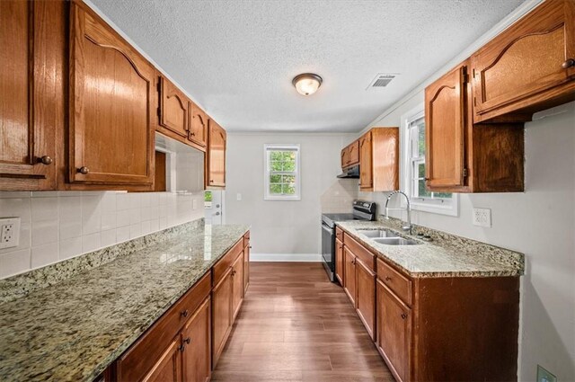 1922 Dobbins Ave, Anderson, SC 29625 - kitchen featuring stainless steel range with electric stovetop, a sink, dark wood-style flooring, decorative backsplash, and baseboards