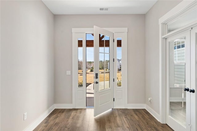 1002 Princeton Rd, Williamston, SC 29697 - foyer entrance featuring healthy amount of natural light, dark wood-style floors, french doors, and baseboards