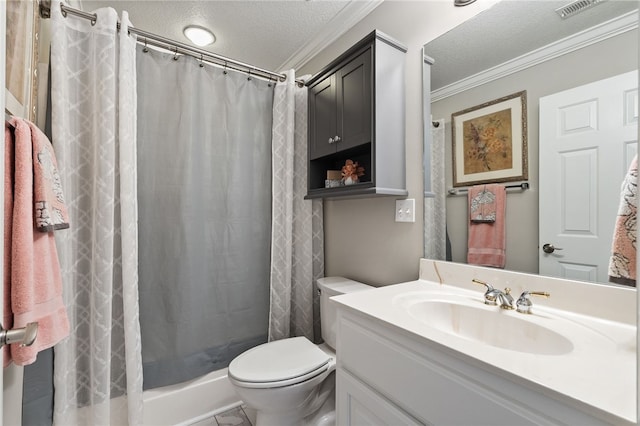 full bath with toilet, ornamental molding, a textured ceiling, a stall shower, and vanity