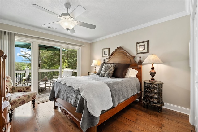 bedroom featuring access to outside, hardwood / wood-style flooring, crown molding, baseboards, and a ceiling fan
