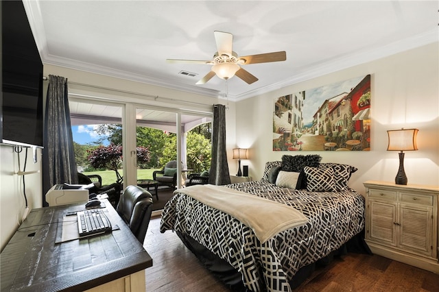 bedroom featuring access to outside, crown molding, wood finished floors, and ceiling fan