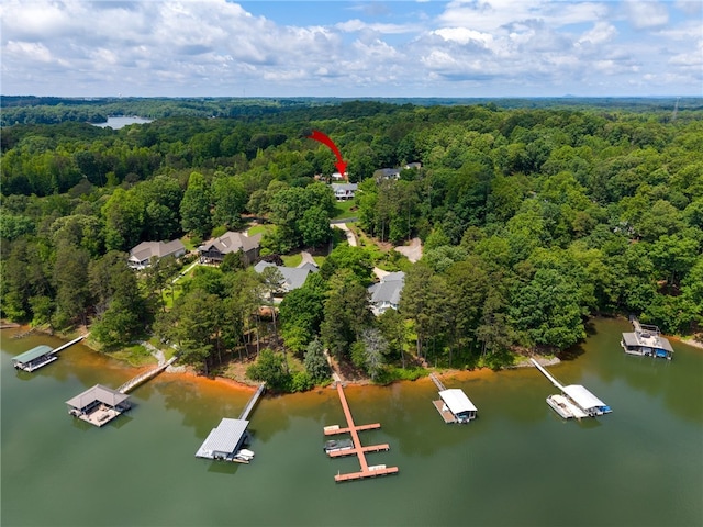 aerial view of a heavily wooded area and a nearby body of water