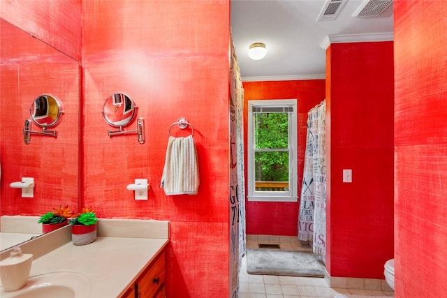 310 Fernwood Dr, Salem, SC 29676 - bathroom featuring tile patterned flooring, ornamental molding, vanity, toilet, and a shower with shower curtain