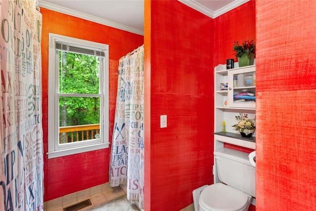 310 Fernwood Dr, Salem, SC 29676 - bathroom featuring ornamental molding, toilet, a shower with shower curtain, and tile patterned flooring