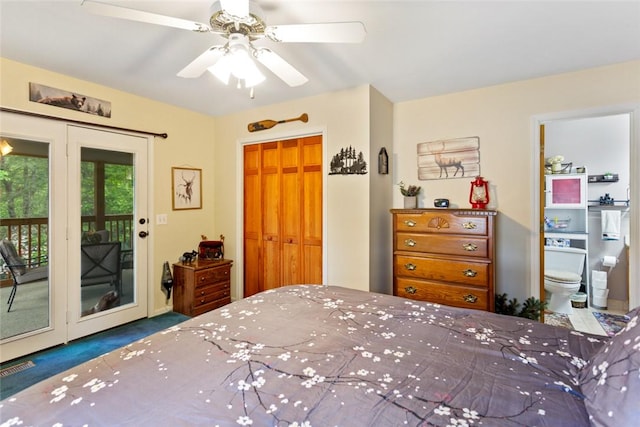 310 Fernwood Dr, Salem, SC 29676 - carpeted bedroom with access to exterior, a ceiling fan, ensuite bathroom, and a closet