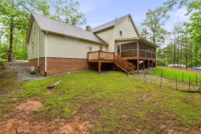 310 Fernwood Dr, Salem, SC 29676 - back of property featuring a sunroom, stairs, a deck, brick siding, and a chimney
