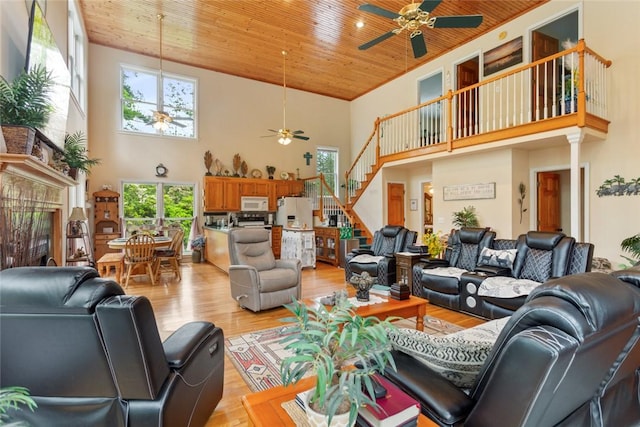 310 Fernwood Dr, Salem, SC 29676 - living room with a ceiling fan, a high ceiling, wood ceiling, stairway, and a glass covered fireplace