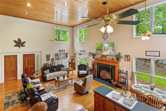 310 Fernwood Dr, Salem, SC 29676 - living room with a ceiling fan, a towering ceiling, light wood-style flooring, wooden ceiling, and a fireplace