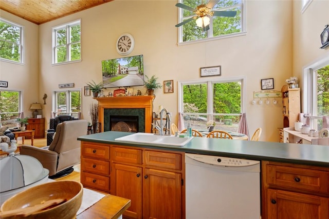310 Fernwood Dr, Salem, SC 29676 - kitchen with white dishwasher, a high ceiling, wooden ceiling, a fireplace, and a sink