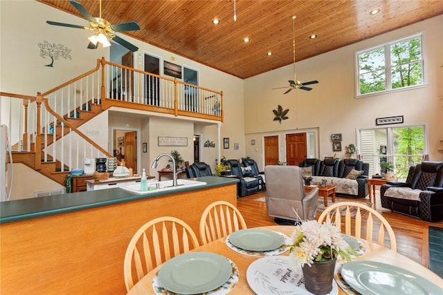 310 Fernwood Dr, Salem, SC 29676 - dining room featuring ceiling fan, wood finished floors, high vaulted ceiling, wood ceiling, and recessed lighting