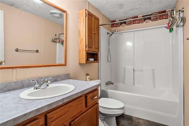 bathroom with toilet, a textured ceiling, shower / tub combination, and vanity