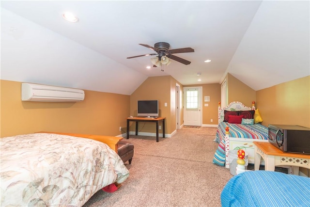 238 Jenkins Mill Dr, Westminster, SC 29693 - carpeted bedroom featuring a wall mounted AC, baseboards, vaulted ceiling, recessed lighting, and a ceiling fan