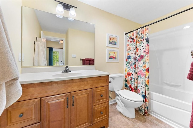 full bath featuring toilet, vanity, shower / tub combo, and tile patterned flooring