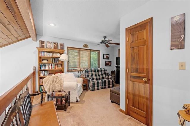 living area with carpet floors, ceiling fan, and recessed lighting