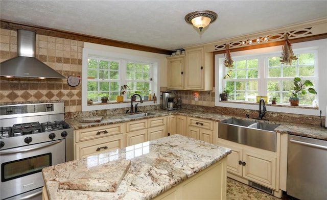 371 Store Rd, Easley, SC 29640 - kitchen with cream cabinets, appliances with stainless steel finishes, wall chimney exhaust hood, and a sink
