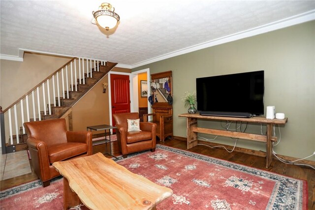 371 Store Rd, Easley, SC 29640 - living area featuring stairway, wood finished floors, ornamental molding, and baseboards