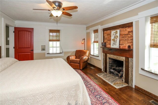 371 Store Rd, Easley, SC 29640 - bedroom with ornamental molding, wood finished floors, a premium fireplace, baseboards, and a ceiling fan