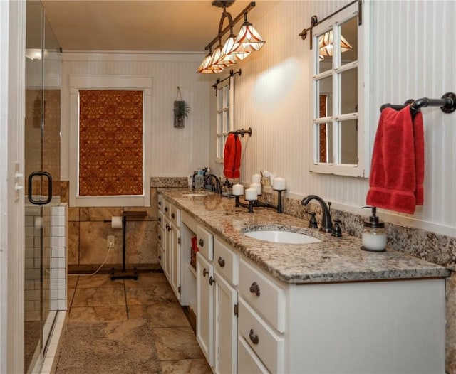 371 Store Rd, Easley, SC 29640 - bathroom with a shower stall, double vanity, and ornamental molding