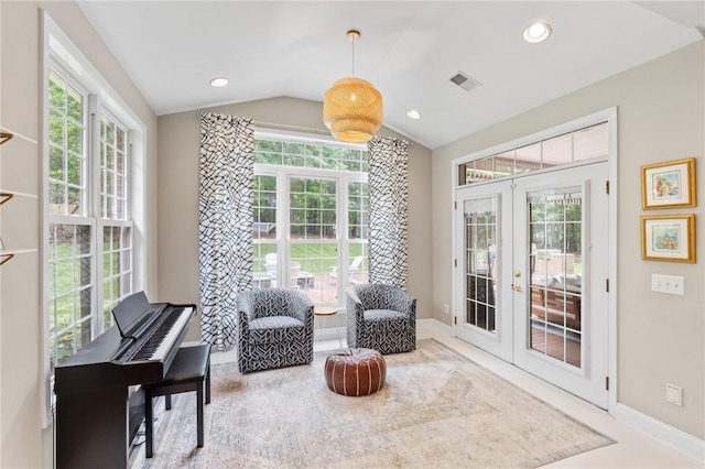 103 Crepe Myrtle Ln, Anderson, SC 29625 - living area with french doors, vaulted ceiling, baseboards, and recessed lighting