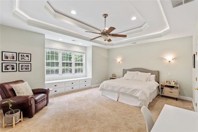 103 Crepe Myrtle Ln, Anderson, SC 29625 - bedroom featuring a tray ceiling, light carpet, ornamental molding, recessed lighting, and a ceiling fan