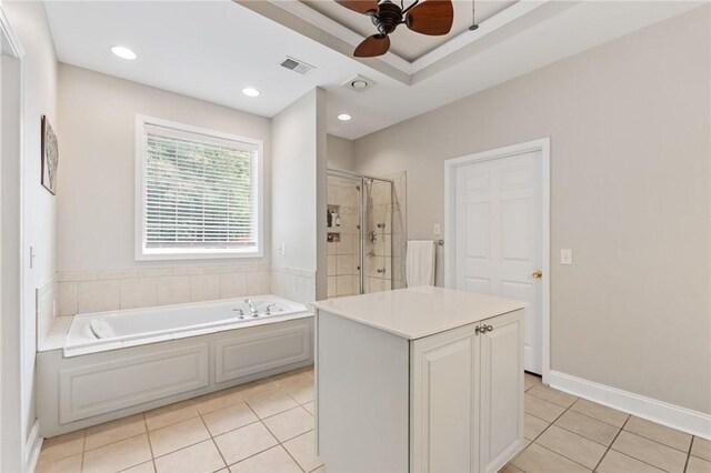 103 Crepe Myrtle Ln, Anderson, SC 29625 - bathroom featuring tile patterned flooring, a stall shower, a bath, a ceiling fan, and recessed lighting
