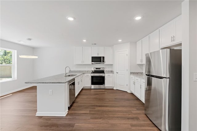 kitchen featuring appliances with stainless steel finishes, a sink, a peninsula, dark wood-type flooring, and recessed lighting