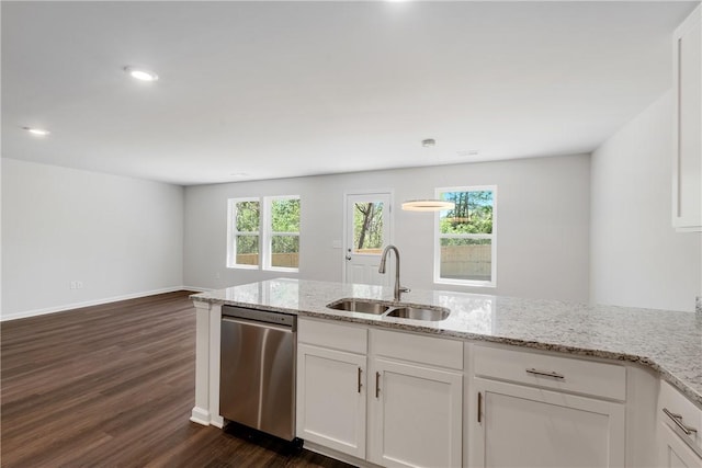 kitchen featuring a sink, dishwasher, dark wood-style flooring, white cabinets, and light stone counters