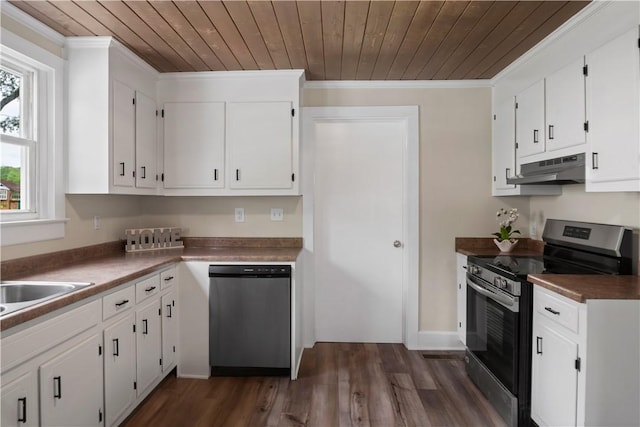 kitchen featuring stainless steel appliances, under cabinet range hood, ornamental molding, wood ceiling, and white cabinetry