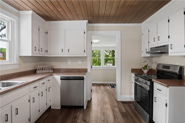 kitchen featuring appliances with stainless steel finishes, under cabinet range hood, crown molding, wooden ceiling, and white cabinets
