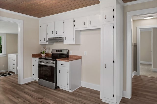 kitchen with electric range, under cabinet range hood, ornamental molding, white cabinets, and wood ceiling