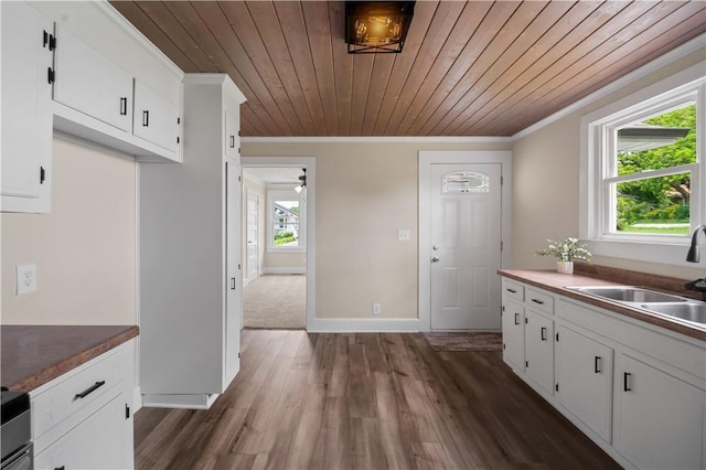 kitchen featuring ornamental molding, a sink, wood ceiling, dark wood-style floors, and white cabinets