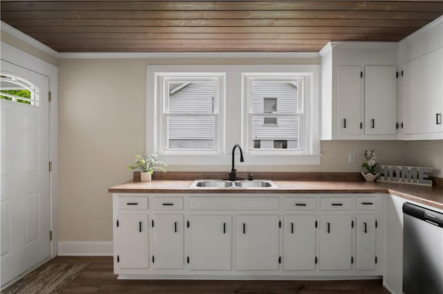 kitchen featuring wood ceiling, dishwasher, a sink, white cabinets, and ornamental molding