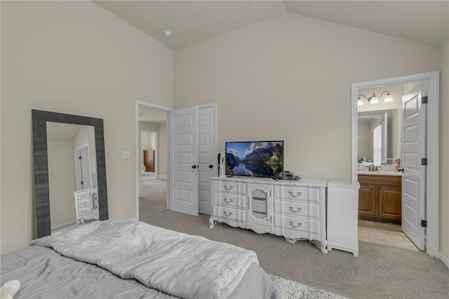 103 James Lake Way, Easley, SC 29642 - bedroom featuring light colored carpet, high vaulted ceiling, a sink, ensuite bath, and a closet