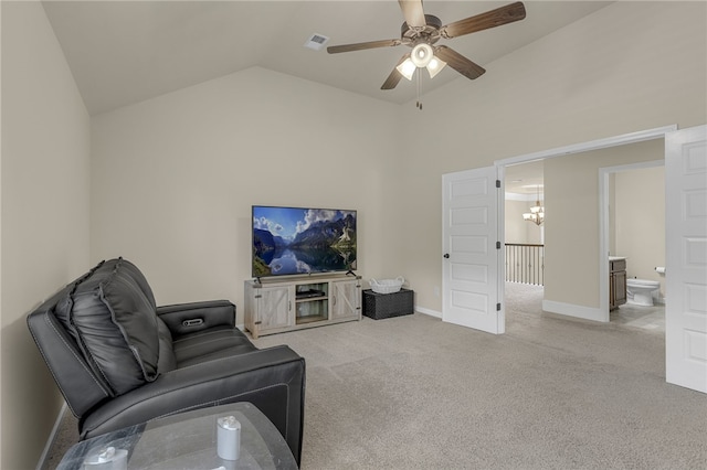 103 James Lake Way, Easley, SC 29642 - living room with a chandelier, a ceiling fan, carpet flooring, baseboards, and high vaulted ceiling
