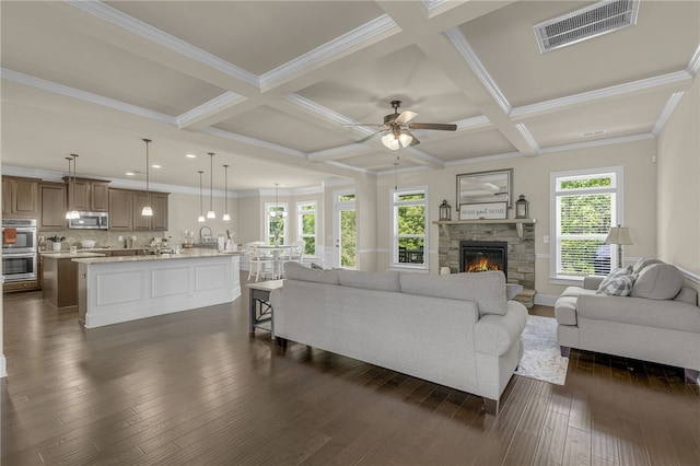 103 James Lake Way, Easley, SC 29642 - living room featuring coffered ceiling, a stone fireplace, a ceiling fan, dark wood-style floors, and beam ceiling