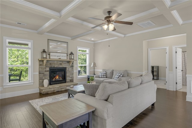 103 James Lake Way, Easley, SC 29642 - living area featuring coffered ceiling, ceiling fan, ornamental molding, dark wood-style flooring, and a fireplace