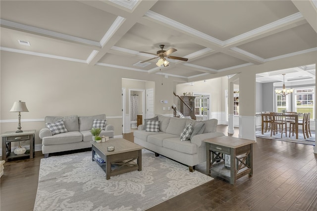 103 James Lake Way, Easley, SC 29642 - living room featuring coffered ceiling, a chandelier, dark wood-style floors, beamed ceiling, and ceiling fan