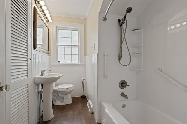 117 Henry Ave, Anderson, SC 29625 - full bath featuring toilet, ornamental molding, a wainscoted wall, wood finished floors, and shower / washtub combination