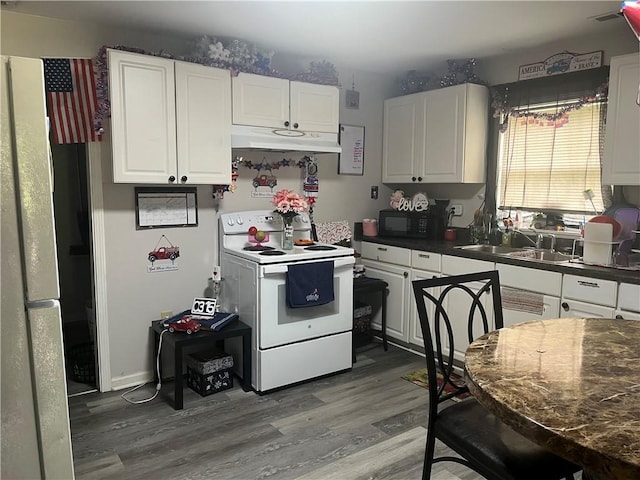 130 Marshall Ave, Seneca, SC 29678 - kitchen with white appliances, under cabinet range hood, wood finished floors, and white cabinetry