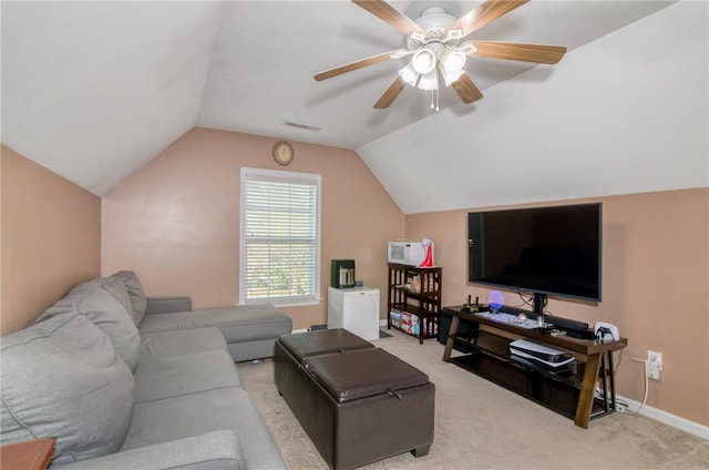 606 Greening Dr, Simpsonville, SC 29681 - living area with vaulted ceiling, carpet flooring, a ceiling fan, and baseboards