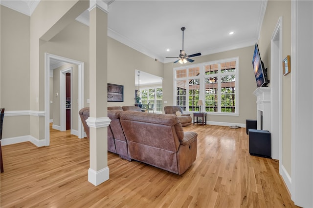 117 W Waters Edge Ln, West Union, SC 29696 - living area with ornamental molding, ceiling fan, light wood-style floors, baseboards, and recessed lighting