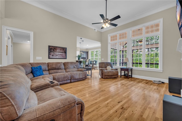 117 W Waters Edge Ln, West Union, SC 29696 - living area with crown molding, a ceiling fan, light wood-style flooring, and baseboards