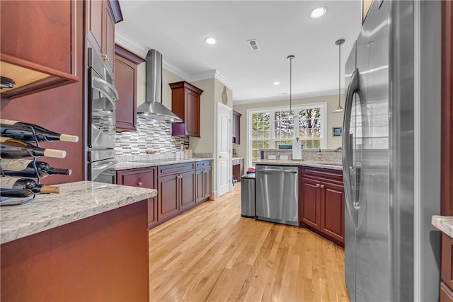 117 W Waters Edge Ln, West Union, SC 29696 - kitchen featuring stainless steel appliances, wall chimney range hood, ornamental molding, light wood-type flooring, and backsplash