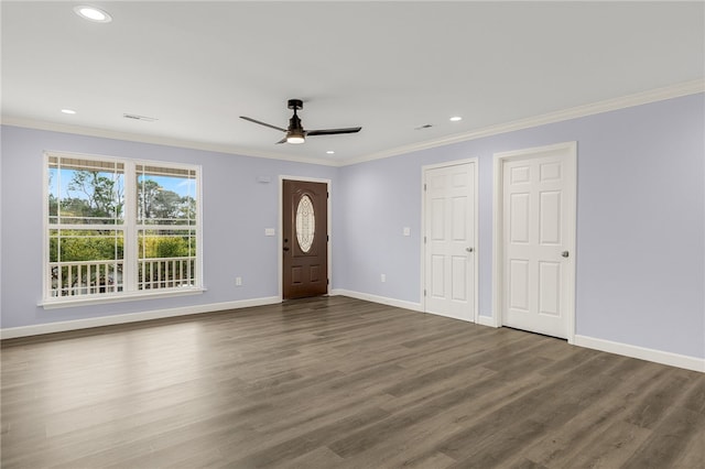 11 Arlington Rd, Greer, SC 29651 - entryway featuring ornamental molding, baseboards, a ceiling fan, wood finished floors, and recessed lighting