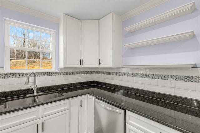 11 Arlington Rd, Greer, SC 29651 - kitchen with stainless steel dishwasher, open shelves, a sink, white cabinetry, and backsplash