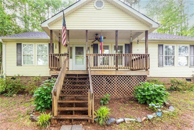 327 Timberlake One Cir, Seneca, SC 29678 - view of front of home featuring a ceiling fan, covered porch, a shingled roof, crawl space, and stairs